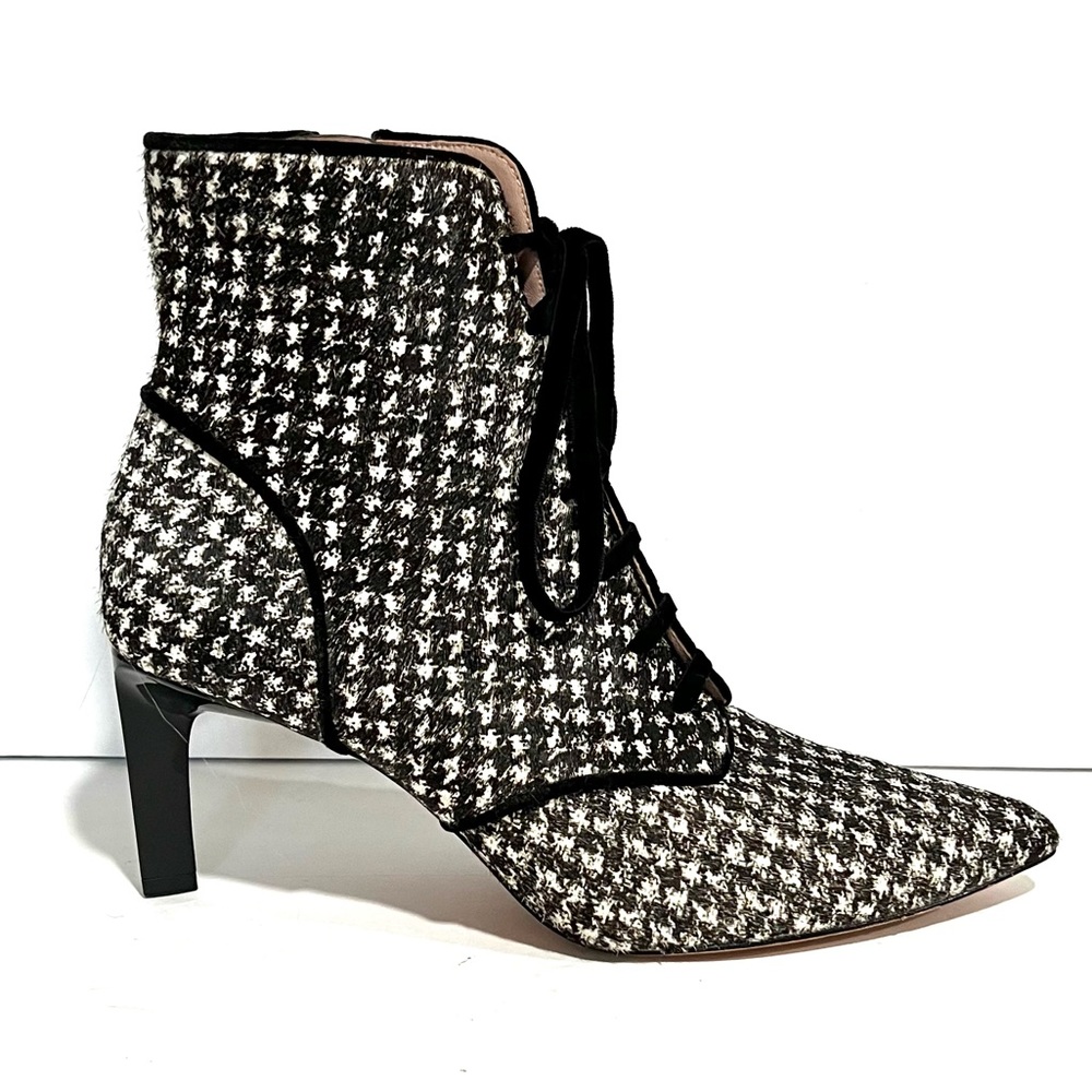 NWT AD & Daughters Tanvi Lace up Houndstooth 3” Heel Stiletto Zip Ankle Boot 7
